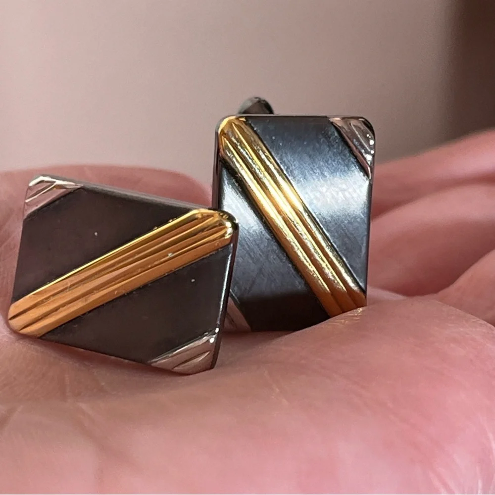 Vintage 1960 70 MCM Mod Art Deco Silver Black gold Mobking oversized Cufflinks